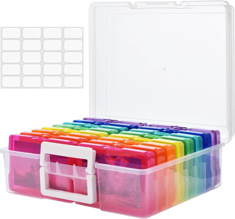 Haundry Photo Storage Box with 16 Inner 4" x 6" Photo Case, Portable Storage Organizer with Handle Craft Keeper for Picture, Stickers, Stamps, Screws, Hair Clips, Colored - Image 1